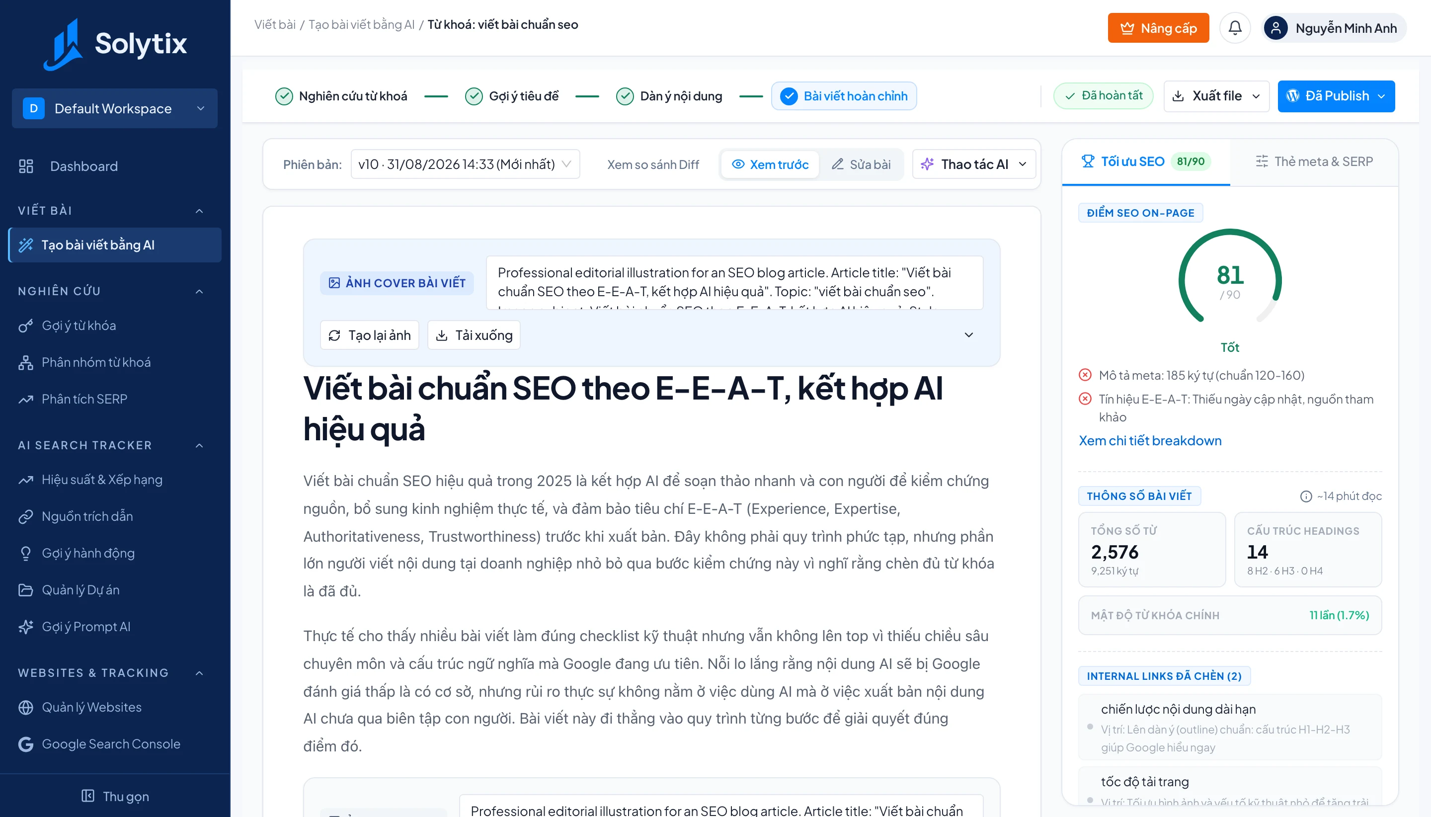 Màn hình dàn ý và bài viết kèm điểm SEO của Solytix